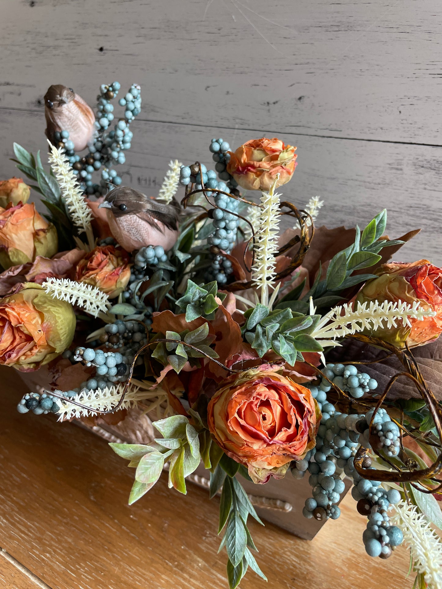 Rustic Blue Berry & Orange Rose Centerpiece with Decorative Birds – Faux Floral Table Arrangement