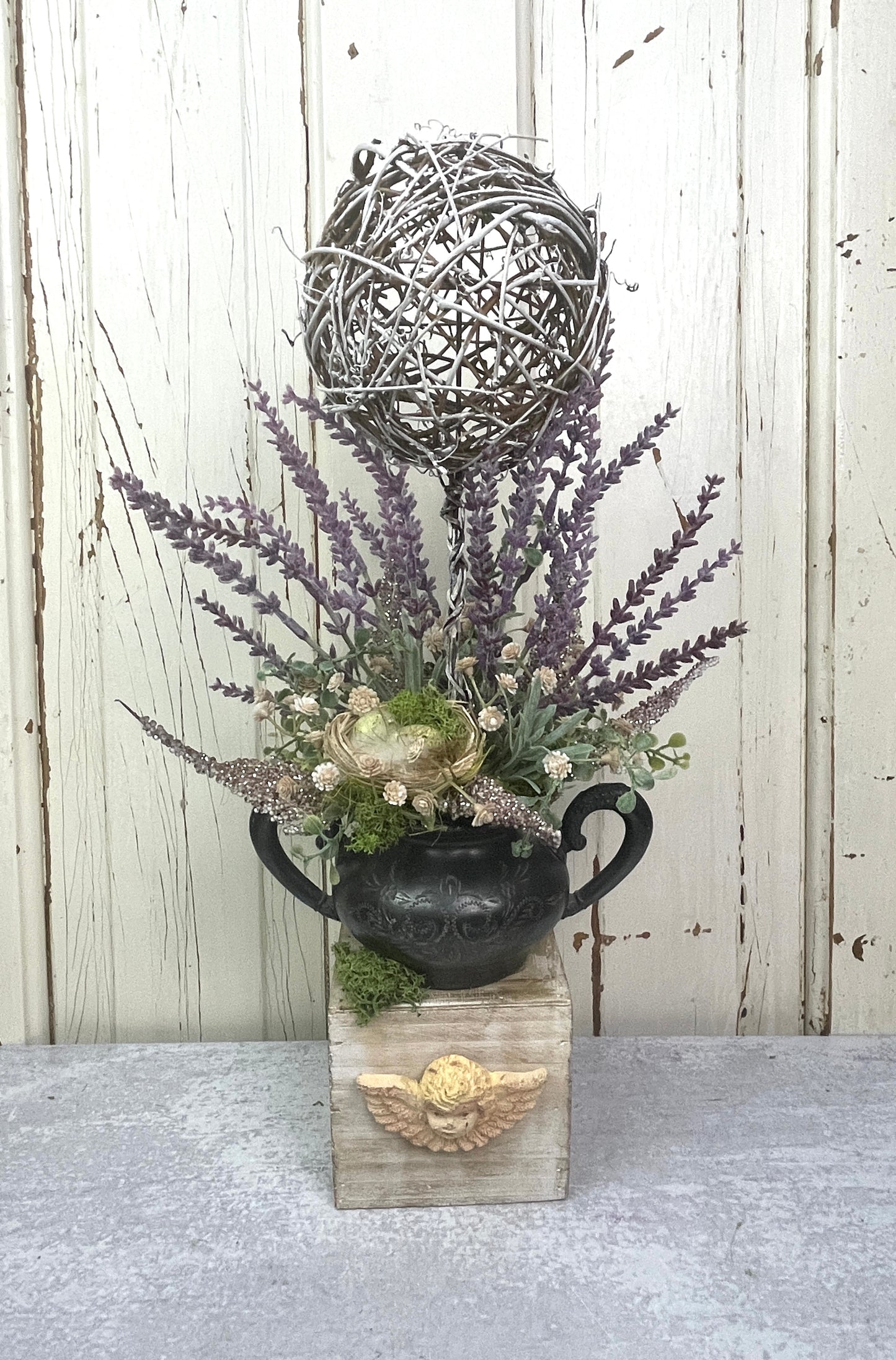 French Cottage Lavender Topiary with Angel Container and Vintage Silver Sugar Holder