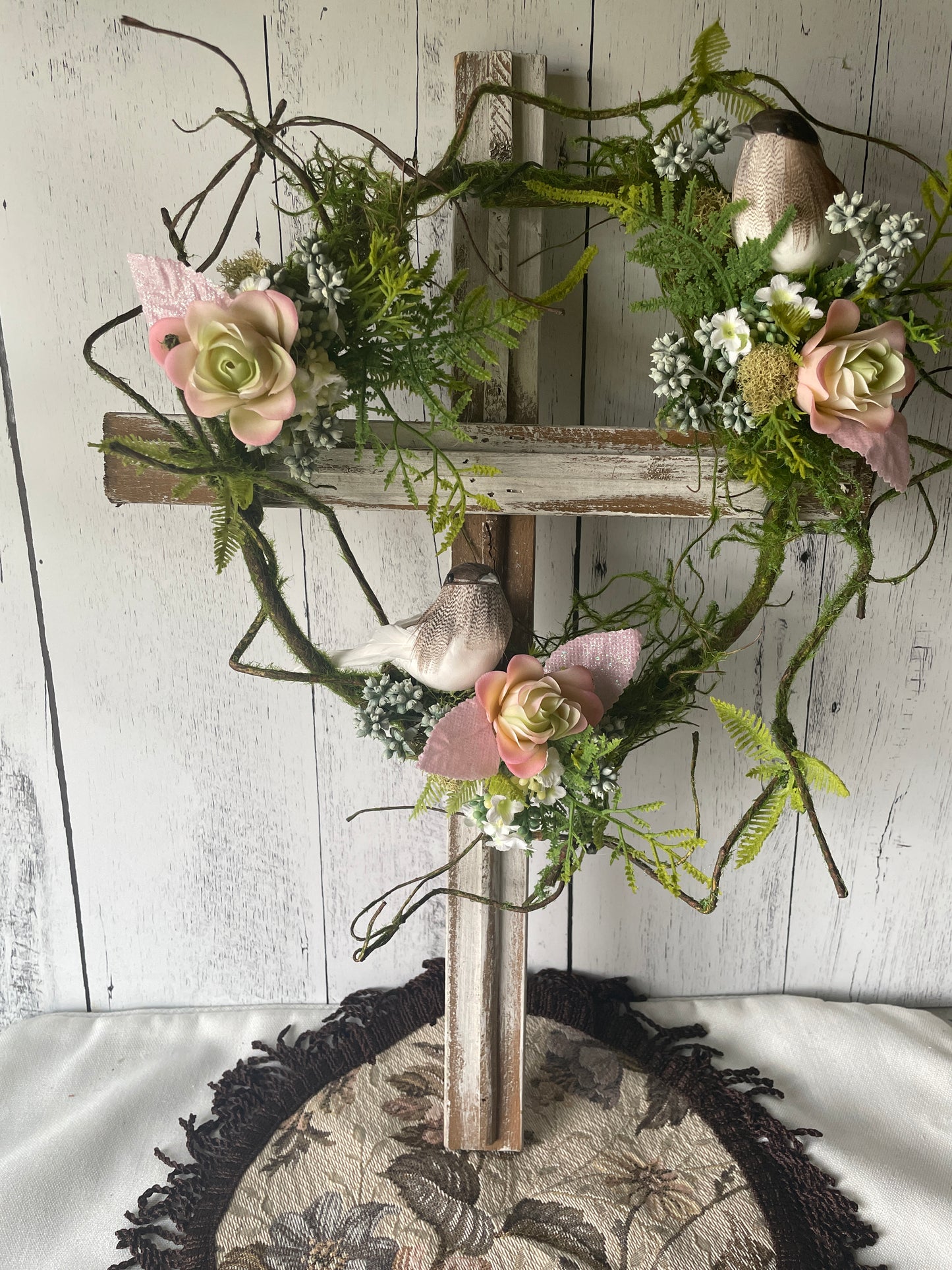 Rustic Wooden Cross Wall Hanging with Faux Succulents and Vines – Cottage Style Sympathy or Home Décor