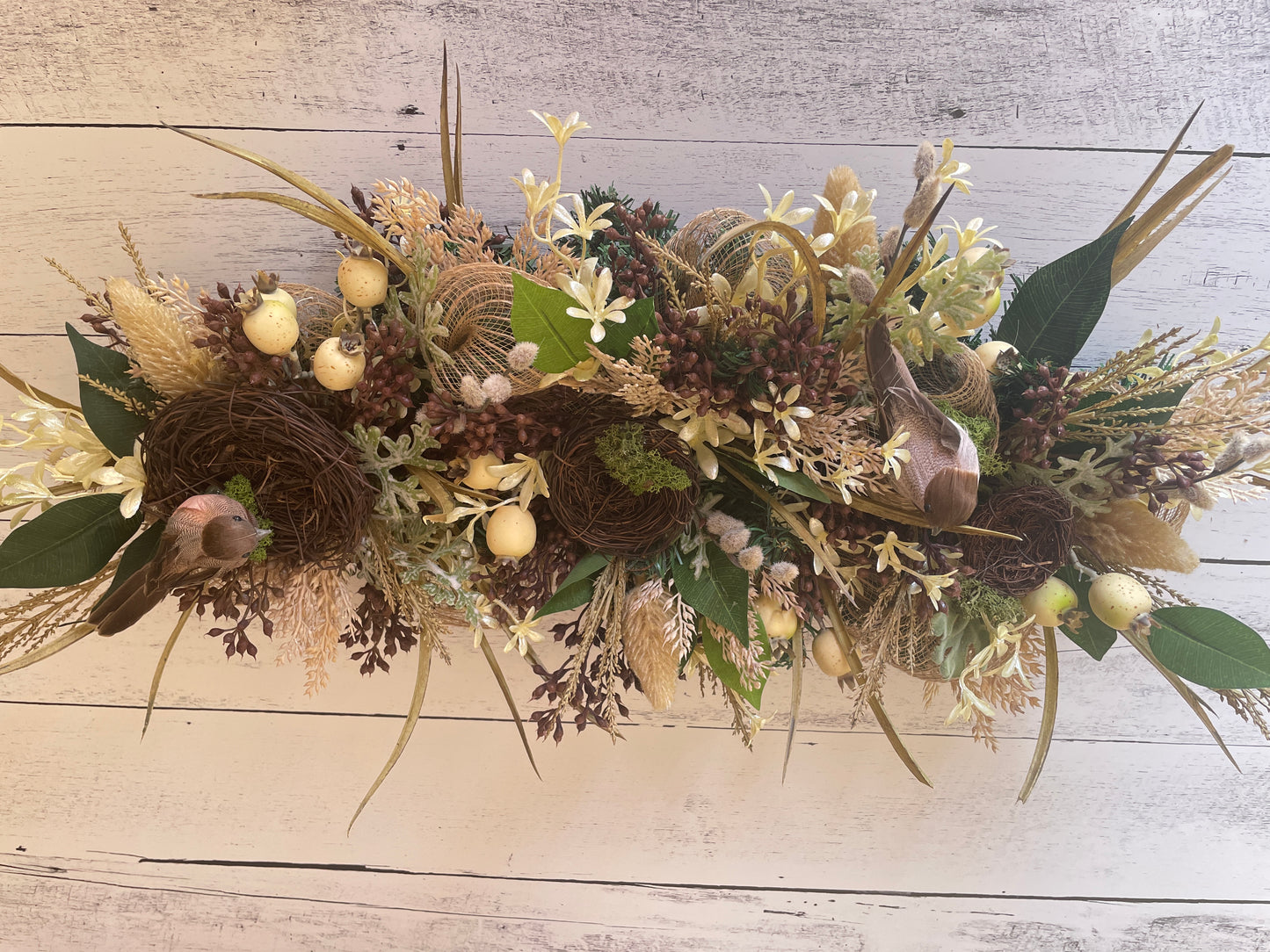 Floral Table garland with birds nest | Rustic Farmhouse Table Decor