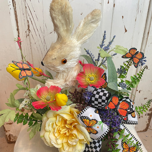 Bunny centerpiece with butterflies for spring and Easter decor with cottage style