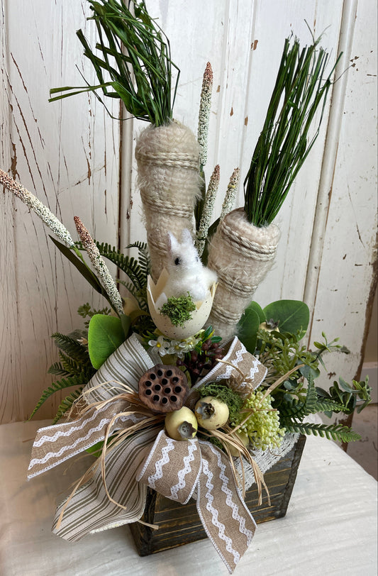 Neutral farmhouse floral arrangement with tiny bunny, faux fabric carrots, and soft florals, perfect for year-round cottage decor and small centerpieces