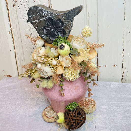 Cottage style floral centerpiece with neutral roses and vintage wooden bird, rustic cottage decor, soft neutral floral arrangement, home centerpiece for cozy cottage living
