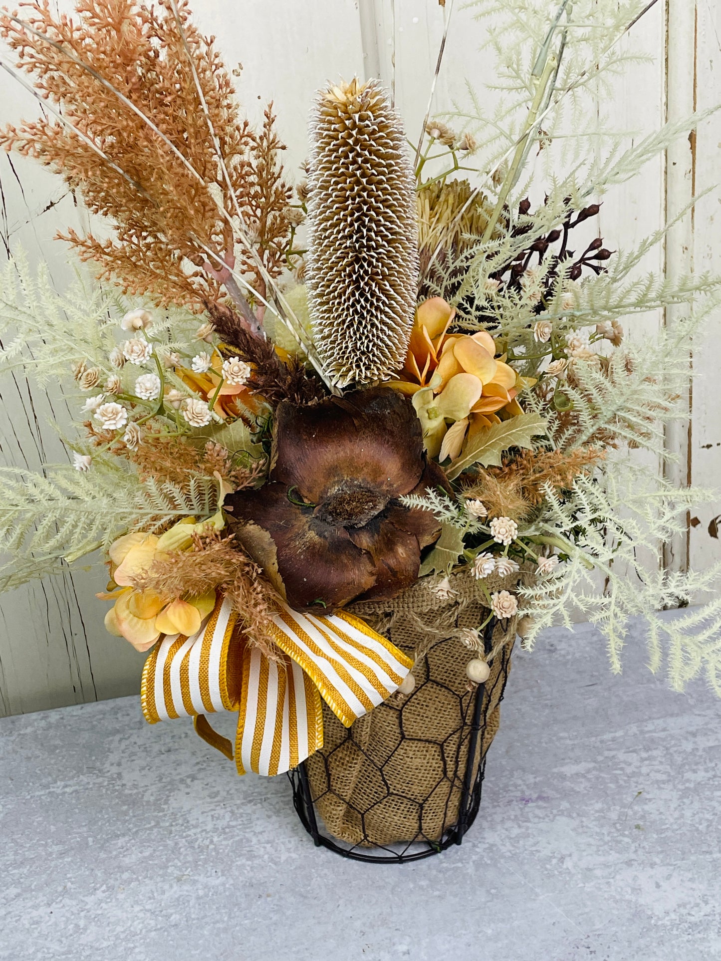 Boho floral arrangement Neutral Dried Floral Arrangement – Natural Rustic Decor in Wire Basket