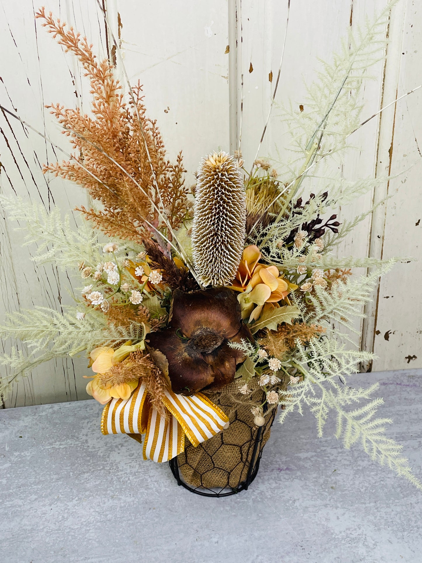 Boho floral arrangement Neutral Dried Floral Arrangement – Natural Rustic Decor in Wire Basket