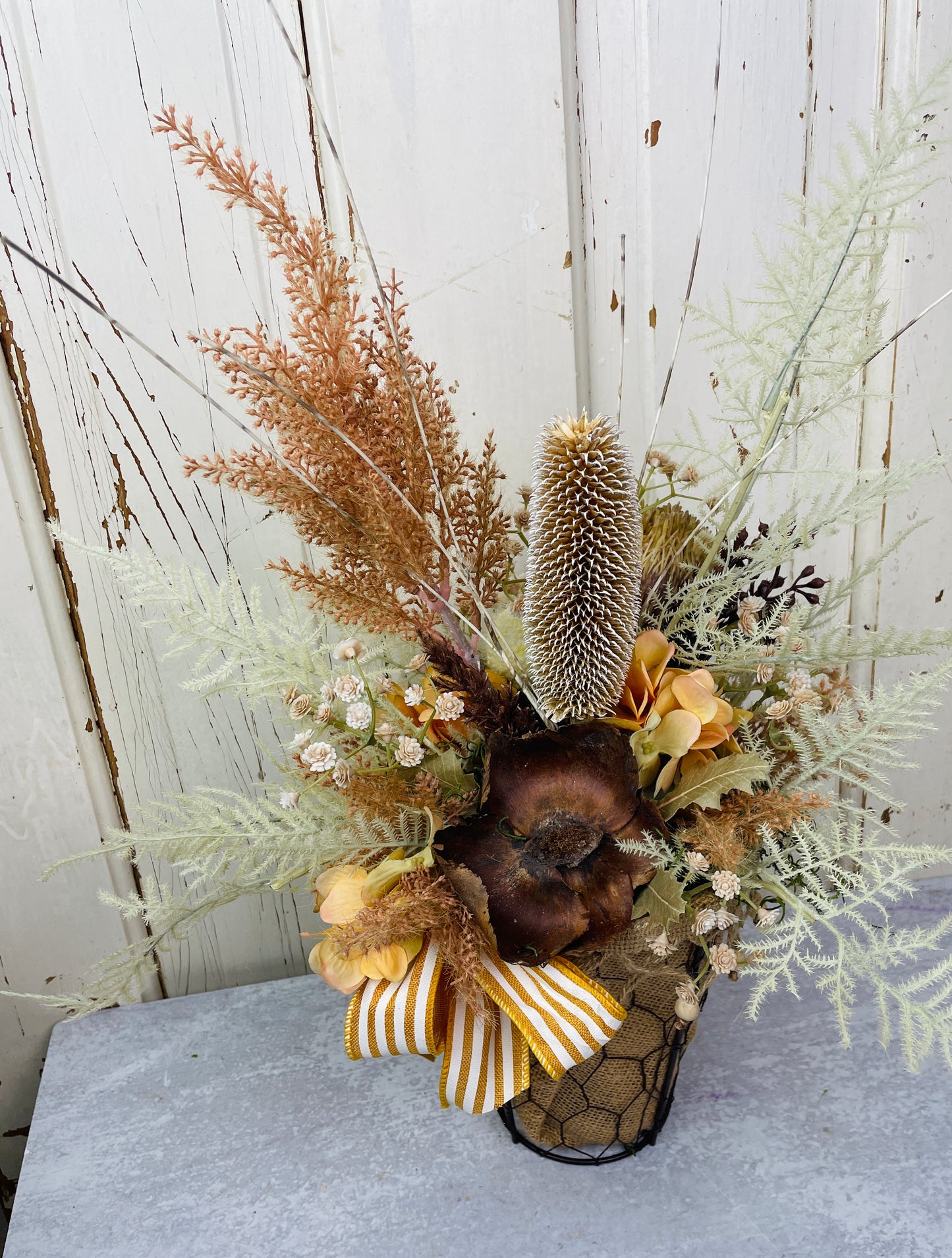 Boho floral arrangement Neutral Dried Floral Arrangement – Natural Rustic Decor in Wire Basket