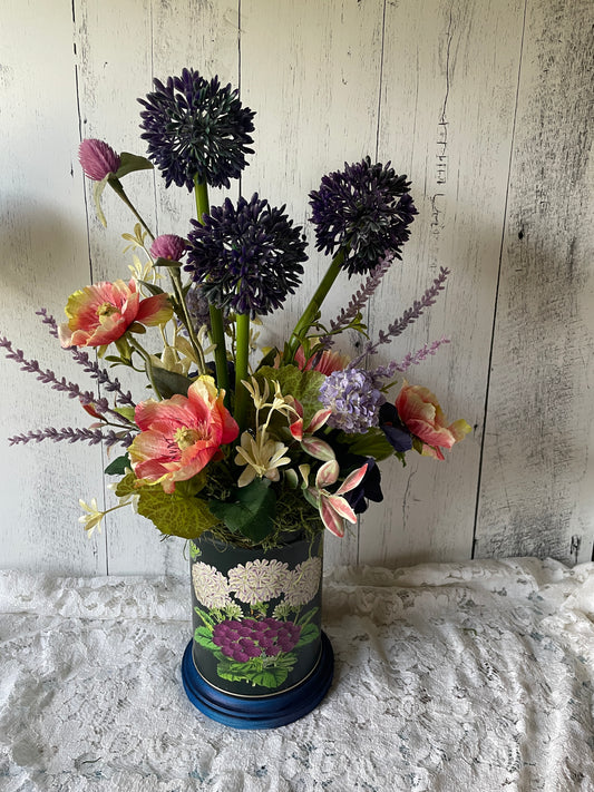 Silk Floral Arrangement in Decorative Tin Vase – Bold Purple Allium & Garden Blooms – Cottagecore Home Decor  Wedding Floral Centerpiece