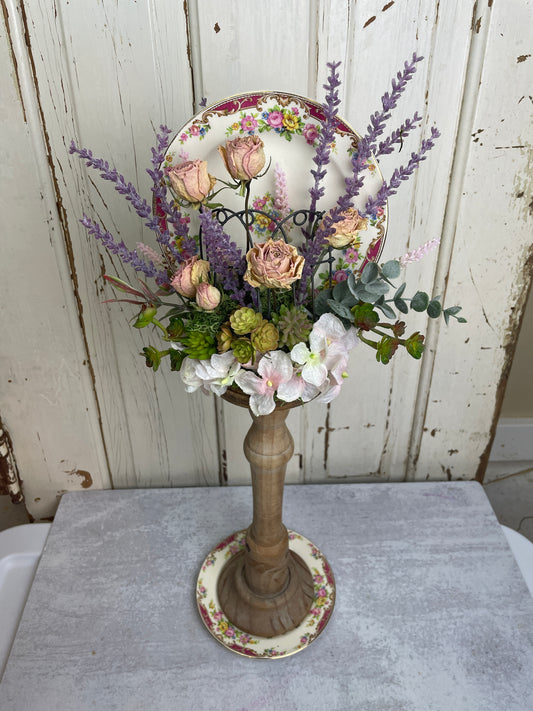Vintage Plate Floral Arrangement on Candlestick – Dried Roses & Succulents table decor