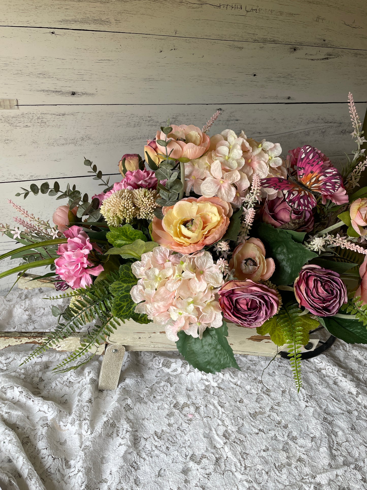 Roses Silk Floral Centerpiece with Butterfly – Faux Hydrangea, Ranunculus & Garden Rose