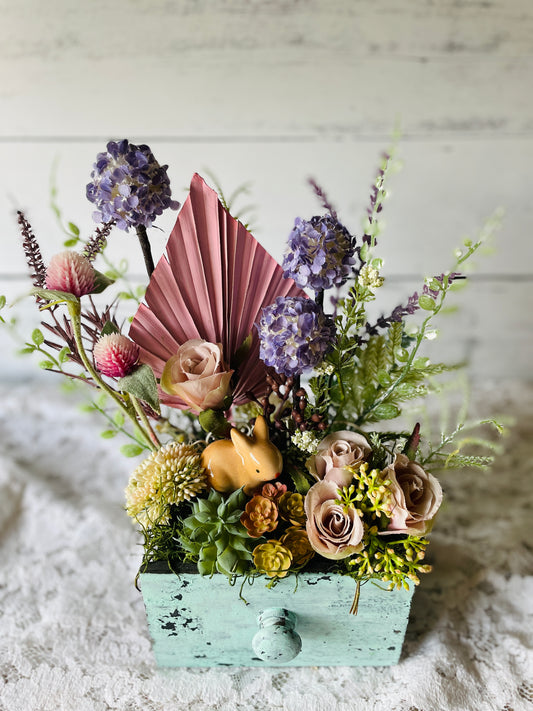 Farmhouse Chic Faux Floral Arrangement with Succulents and  Bunny