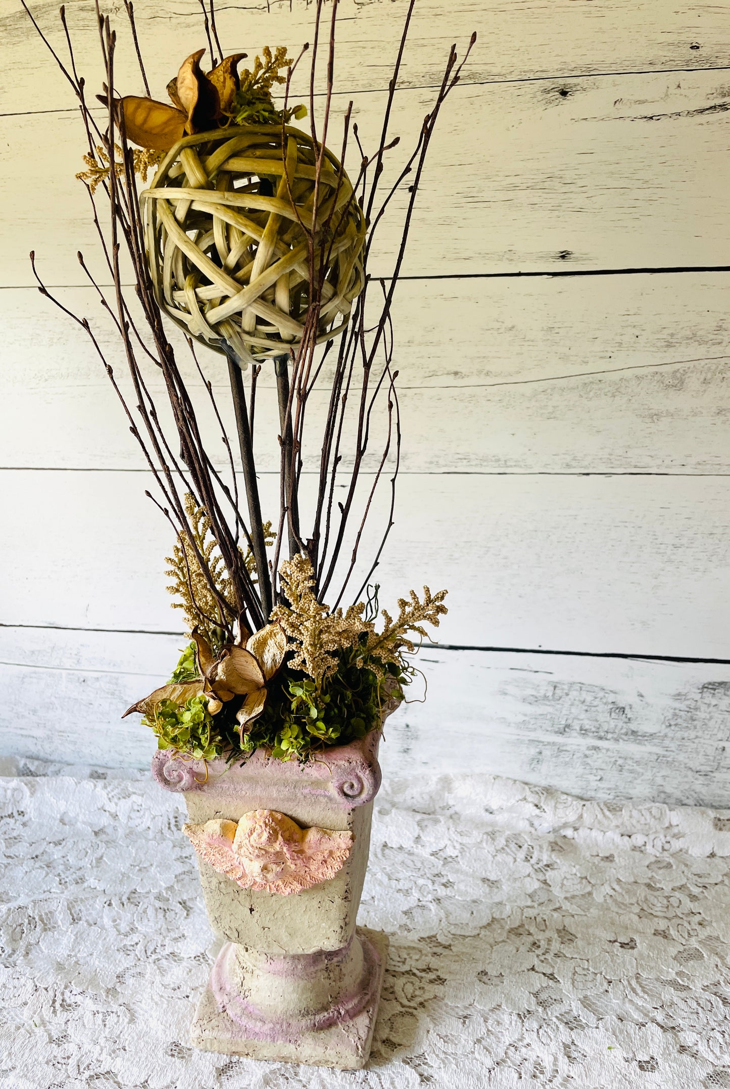 Rustic Twig Topiary in Cherub Pedestal Vase – Faux Floral Arrangement for French Country or Garden Decor