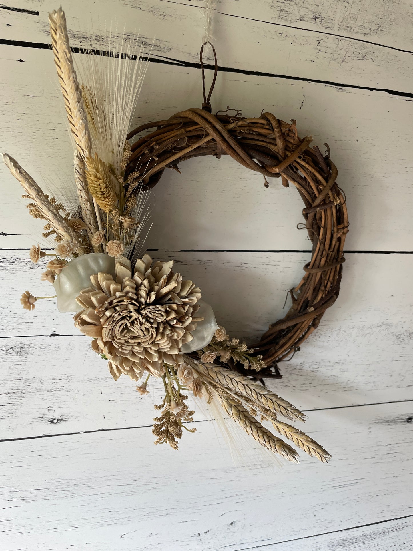 Neutral Dried Floral Grapevine Wreath with Wheat and Sola Flowers – Rustic Farmhouse Fall Decor