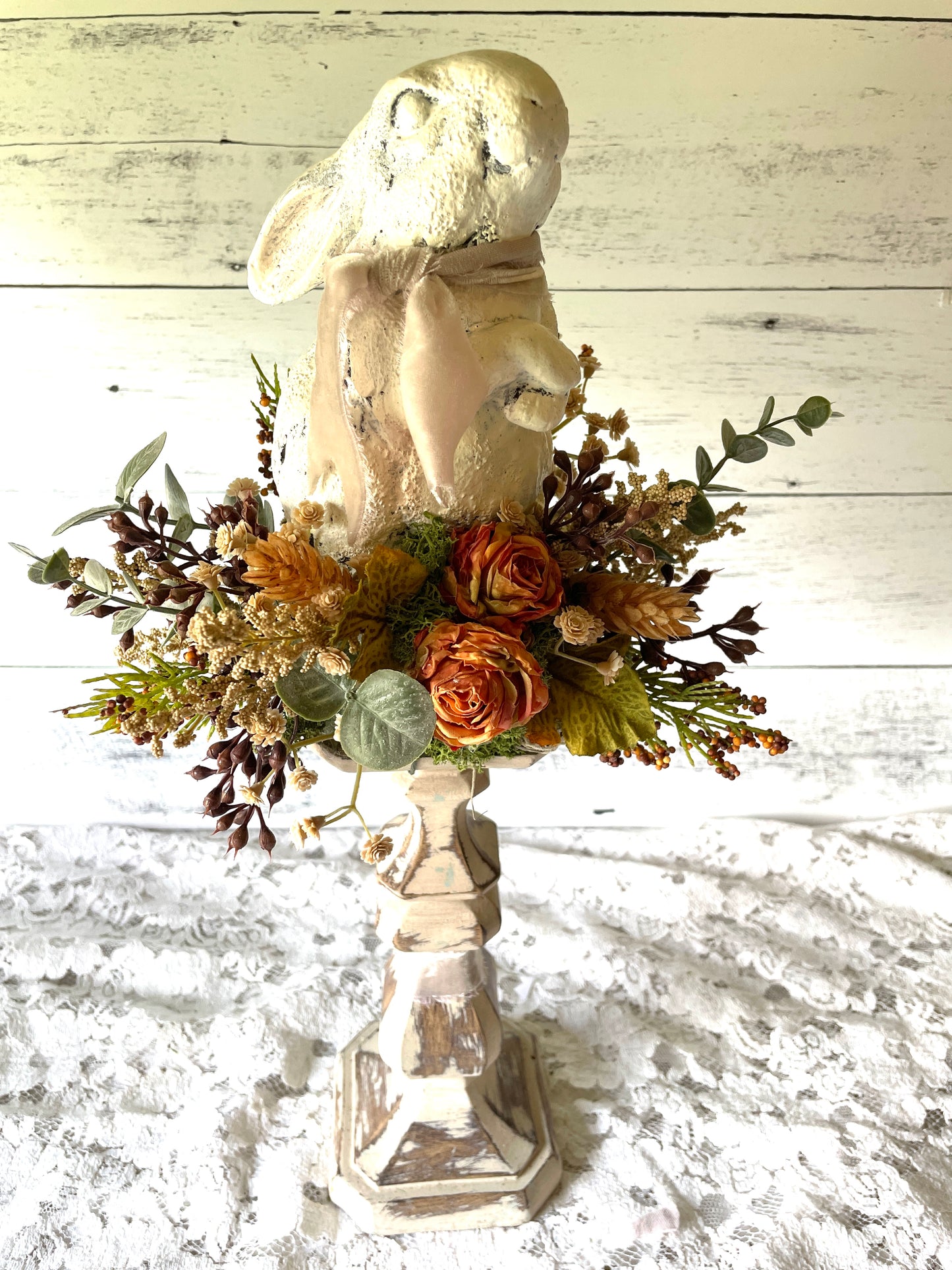 Vintage-Inspired Bunny on Pedestal with Florals – Autumn Cottagecore Decor