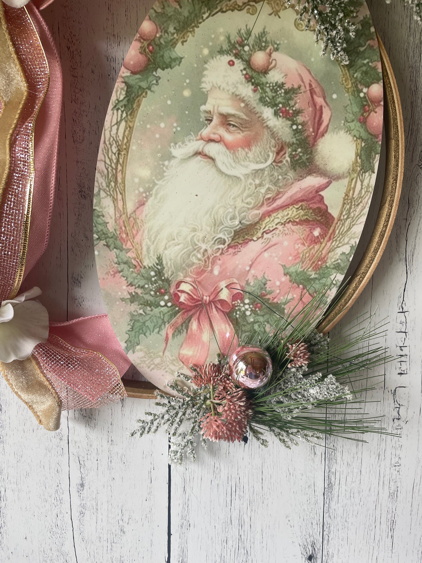 Victorian Pink Santa Hoop Wreath – Indoor Holiday Décor