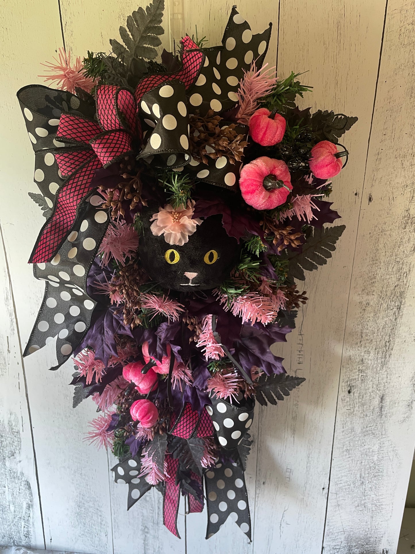 Black Cat Whimsical Pink & Black Halloween Floral Swag