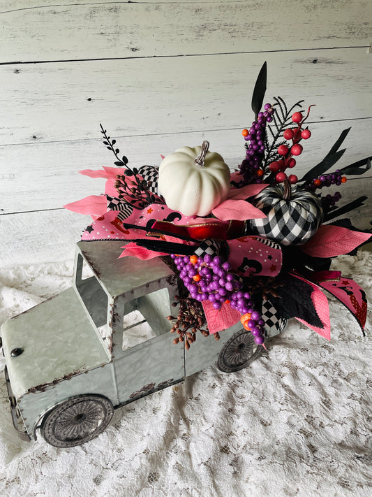 Whimsical Pink and  Black Halloween Centerpiece in Metal Truck