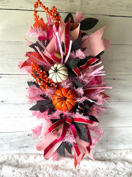 Whimsical pink and black halloween floral swag