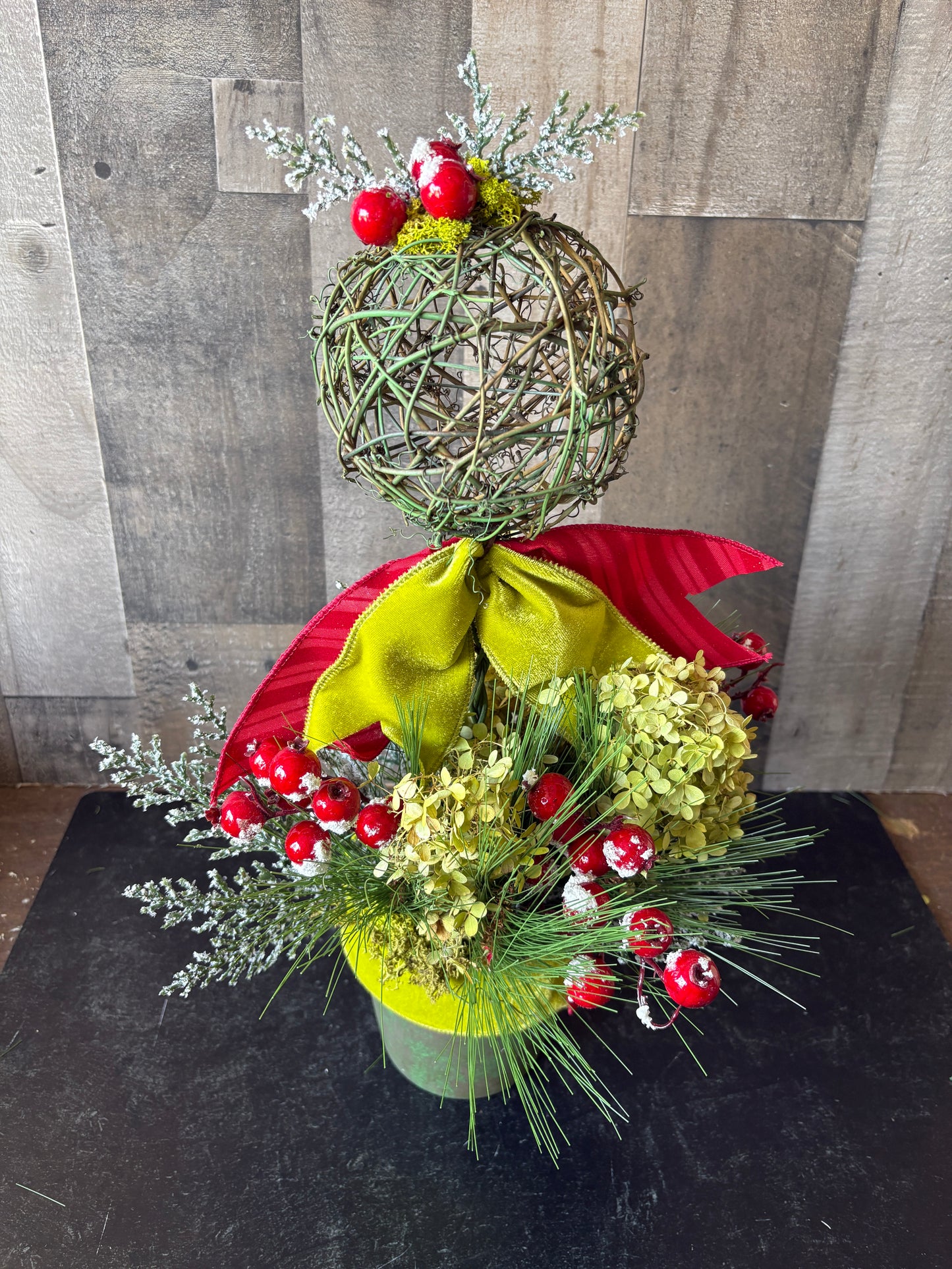 Christmas Topiary with Dried Hydrangeas & Velvet Ribbon | Elegant Holiday Table Décor
