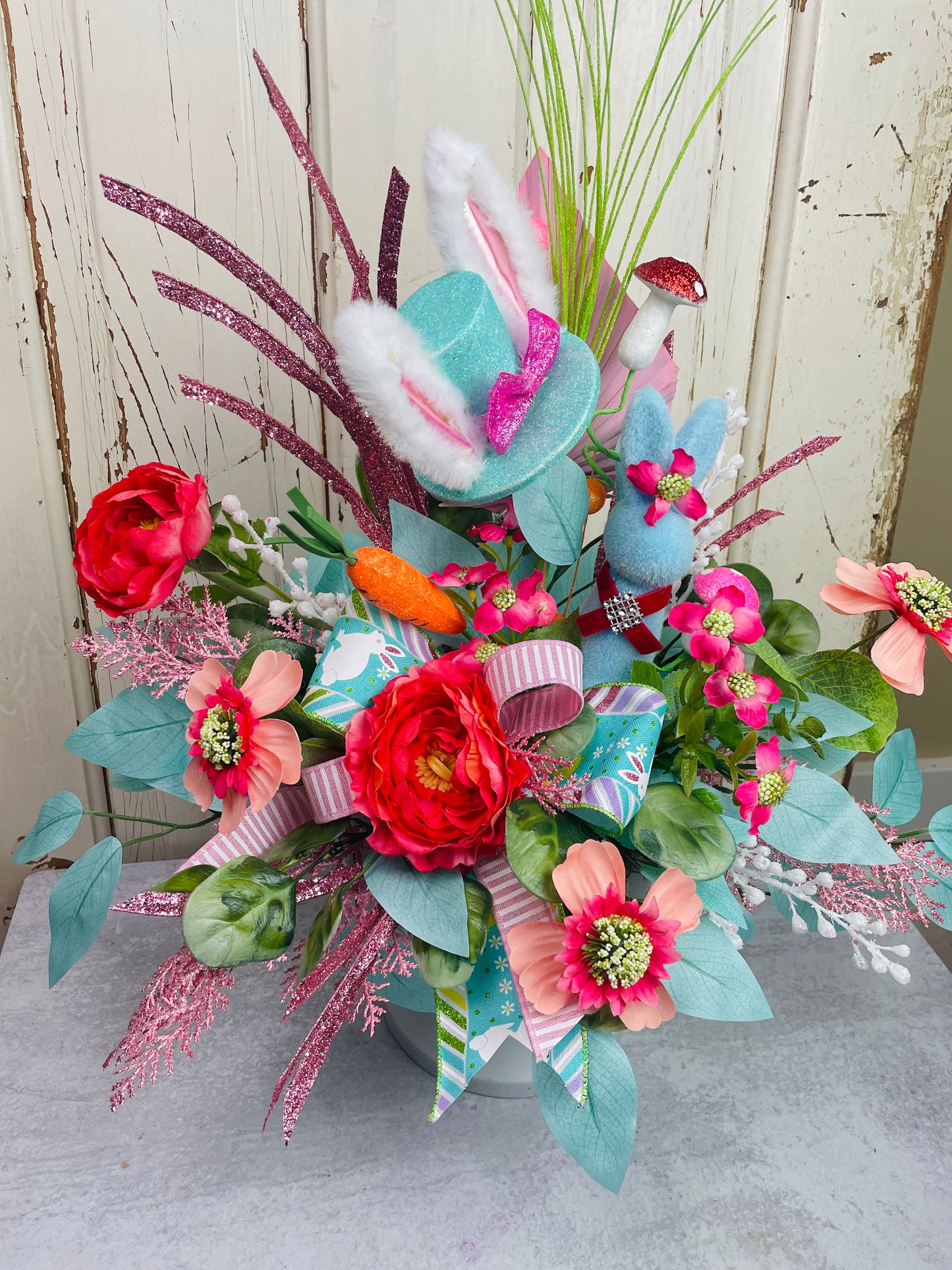 Whimsical Bunny Hat Easter Centerpiece – Bright, Fun Floral Arrangement for Spring Decor