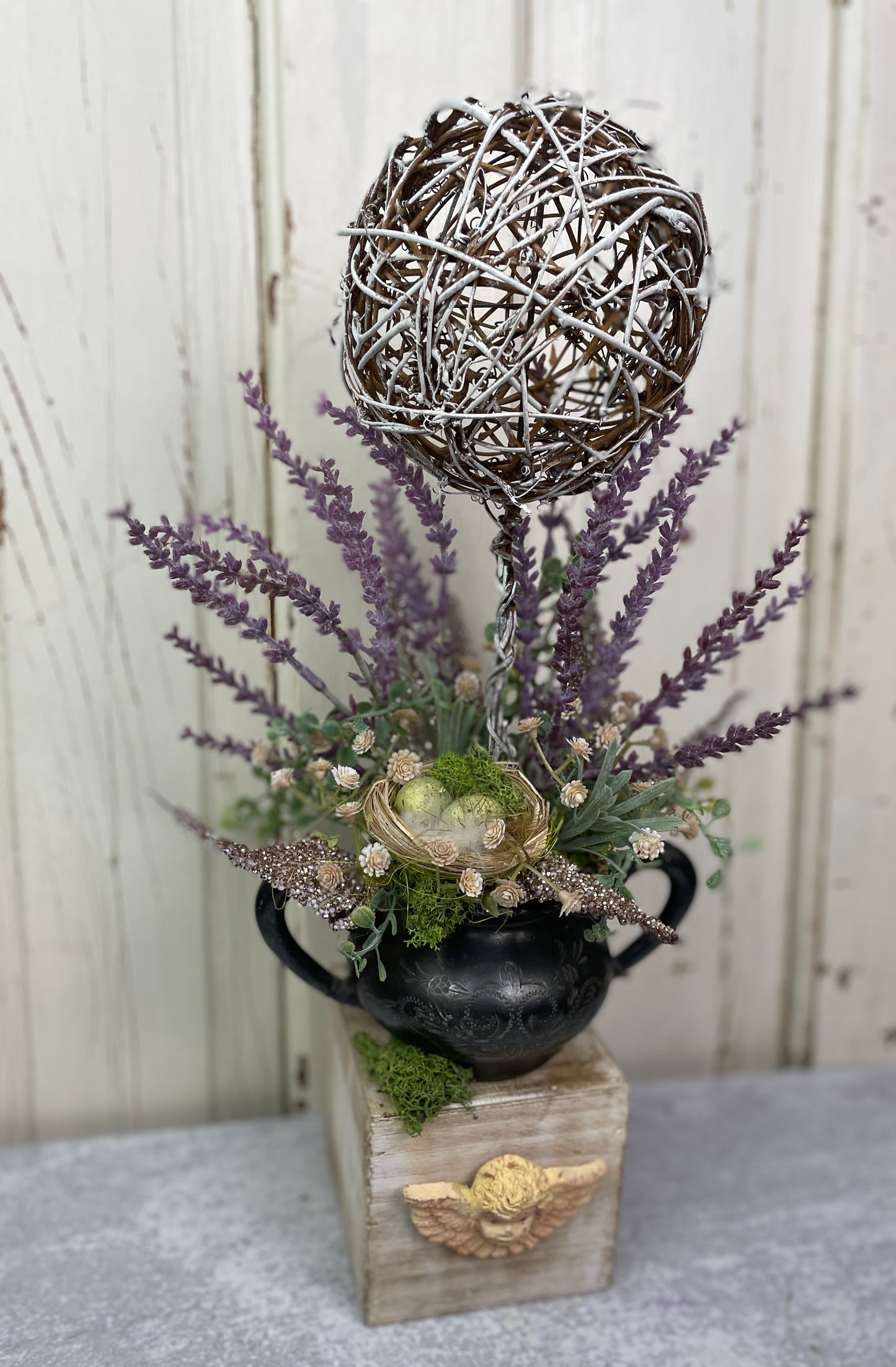 French Cottage Lavender Topiary with Angel Container and Vintage Silver Sugar Holder