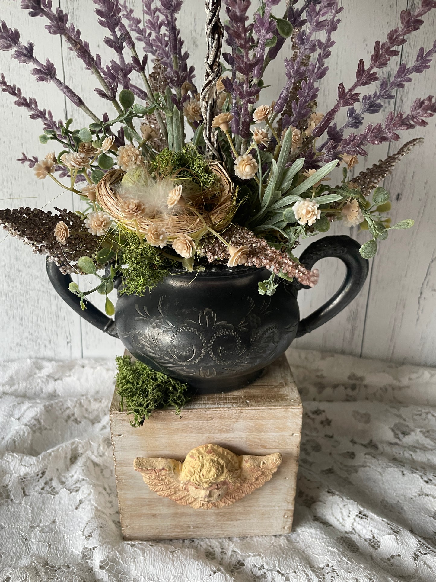 French Cottage Lavender Topiary with Angel Container and Vintage Silver Sugar Holder