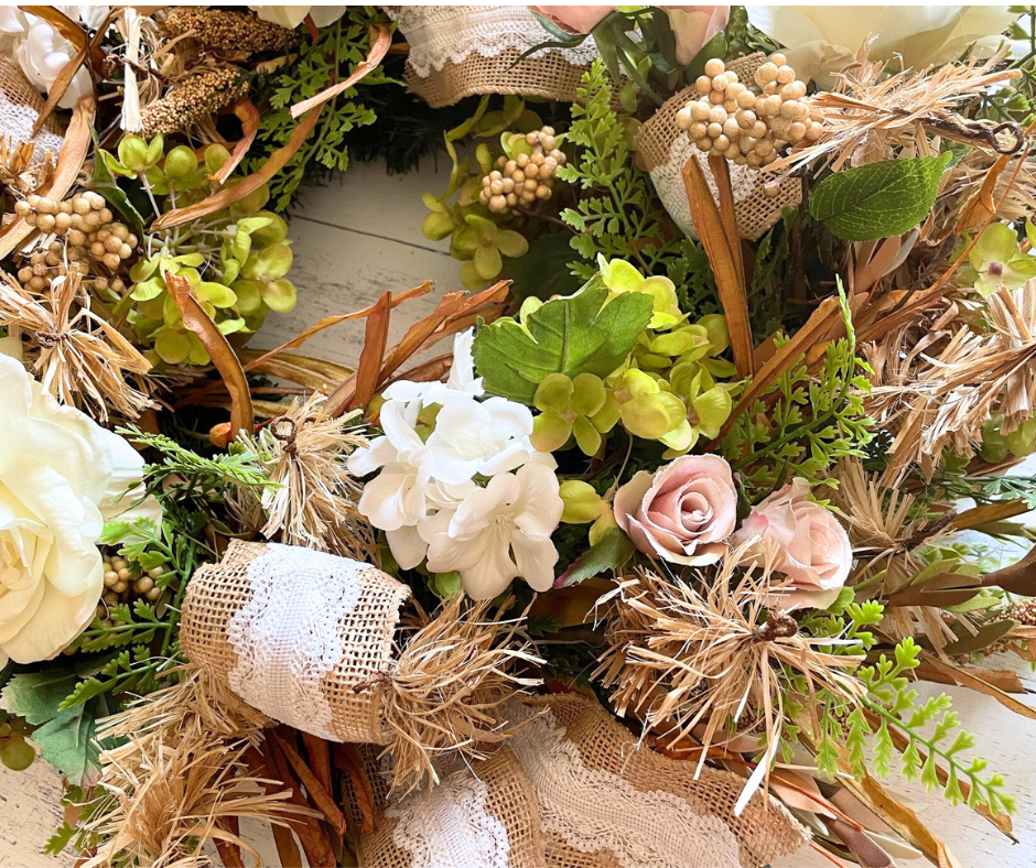 Romantic Countryside Garden Wreath with Cream Florals & Burlap Lace Ribbon