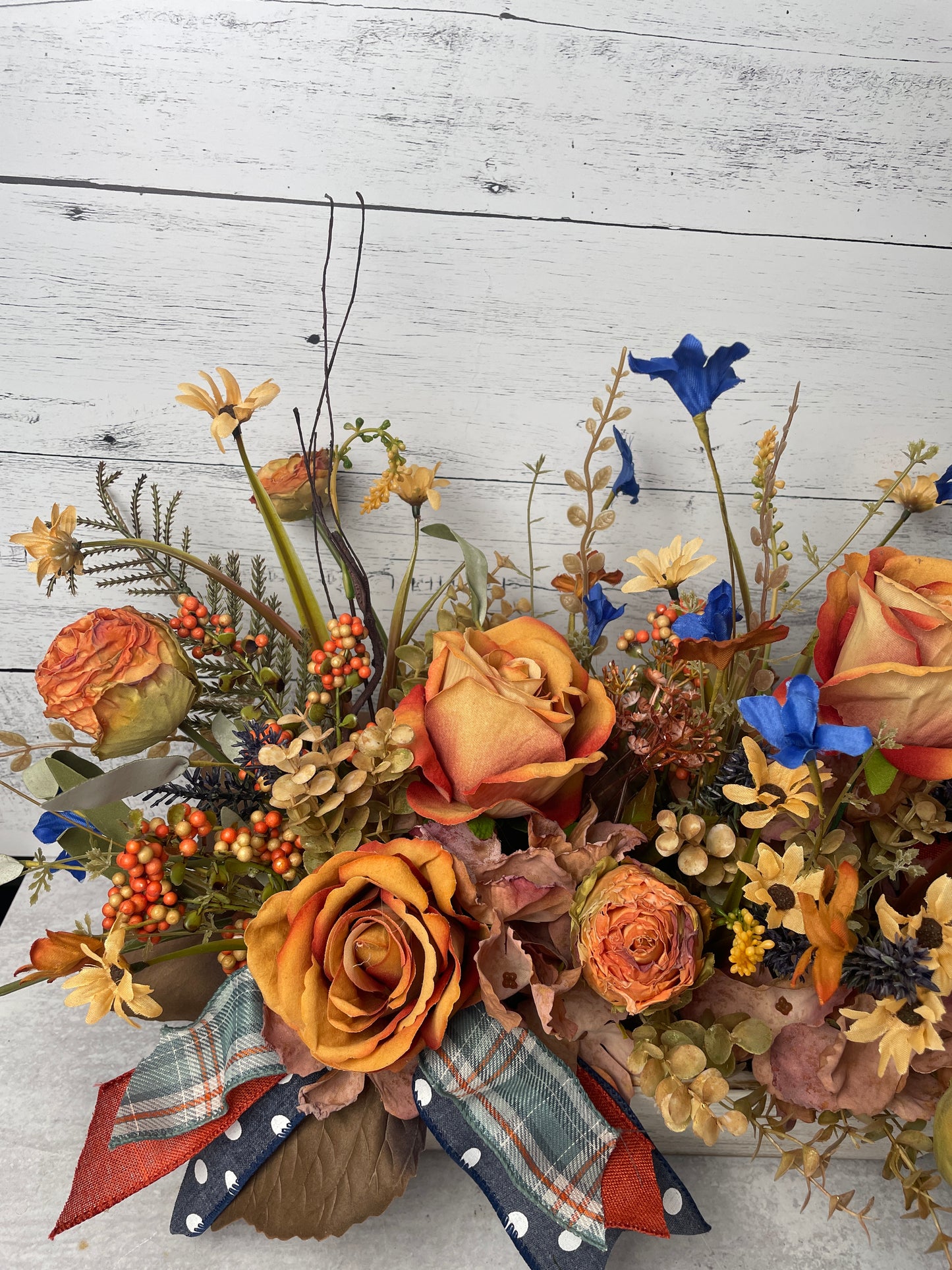 Rustic Fall Floral Arrangement with Orange and Blue