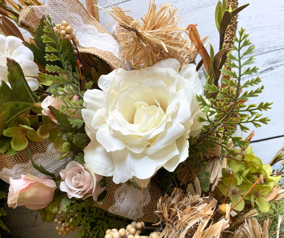 Romantic Countryside Garden Wreath with Cream Florals & Burlap Lace Ribbon