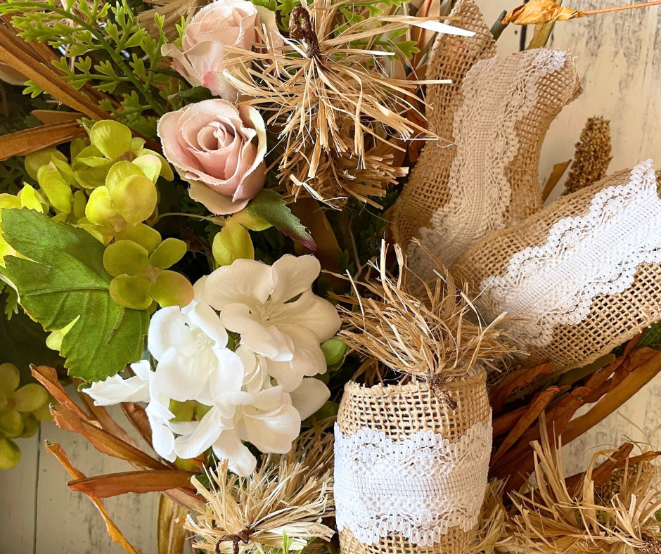 Romantic Countryside Garden Wreath with Cream Florals & Burlap Lace Ribbon