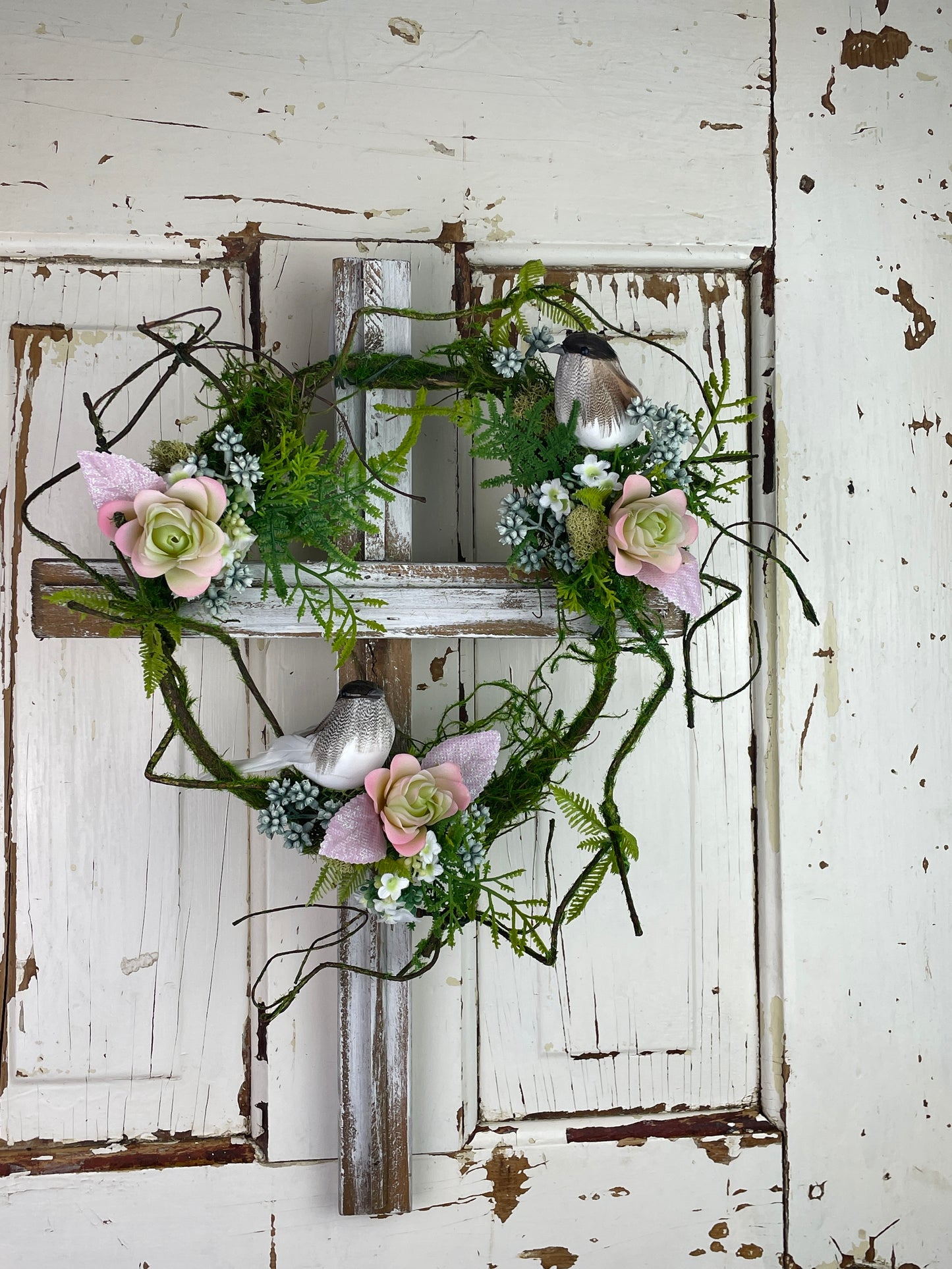 Rustic Wooden Cross Wall Hanging with Faux Succulents and Vines – Cottage Style Sympathy or Home Décor