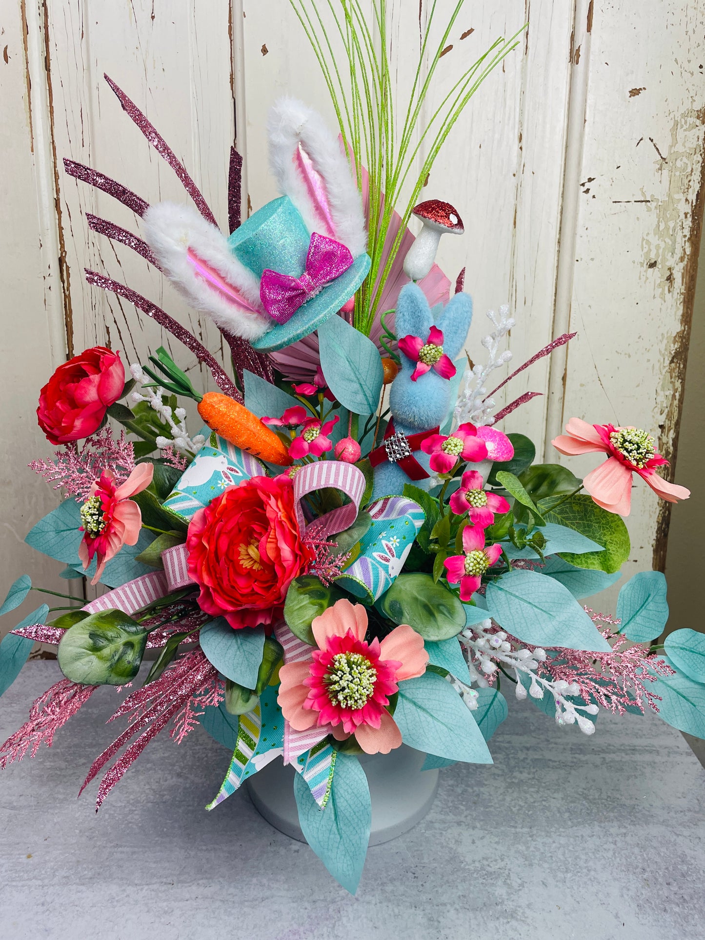 Whimsical Bunny Hat Easter Centerpiece – Bright, Fun Floral Arrangement for Spring Decor