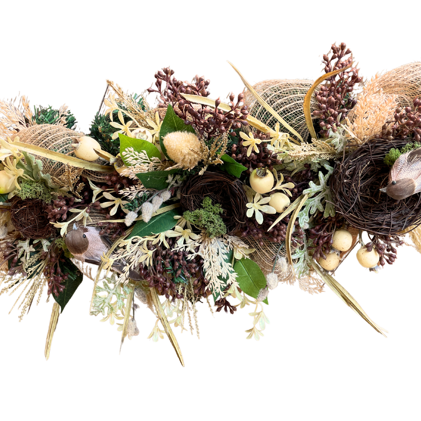 Rustic farmhouse-style floral garland with bird nests, faux greenery, and natural textures—perfect for cottage, vintage, or country-inspired home decor