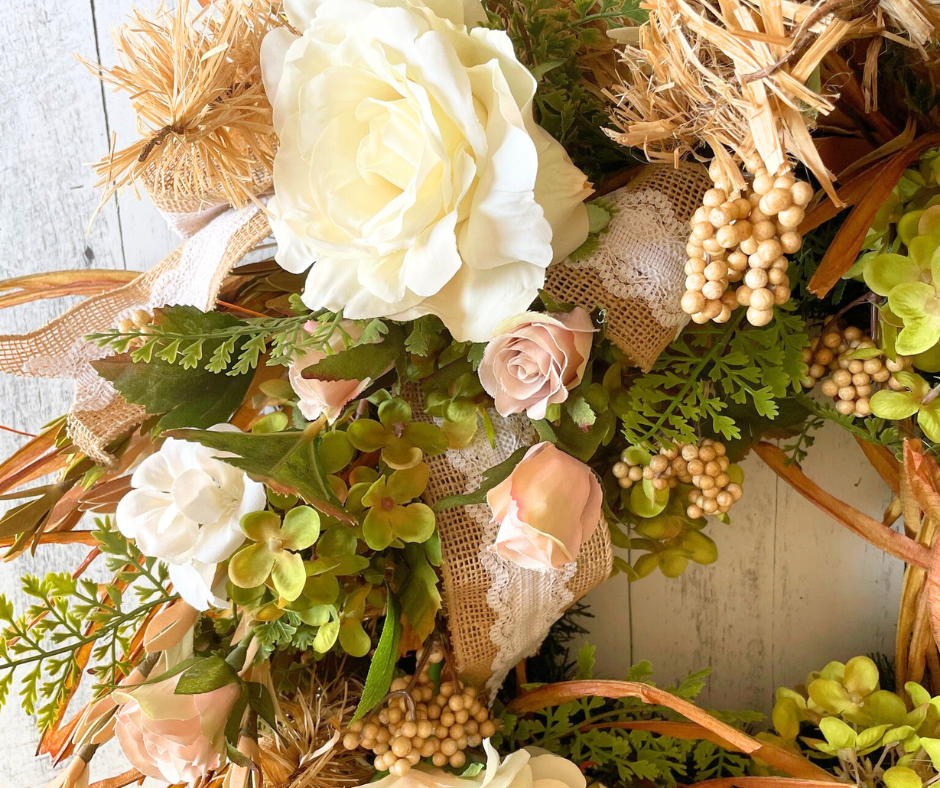 Romantic Countryside Garden Wreath with Cream Florals & Burlap Lace Ribbon