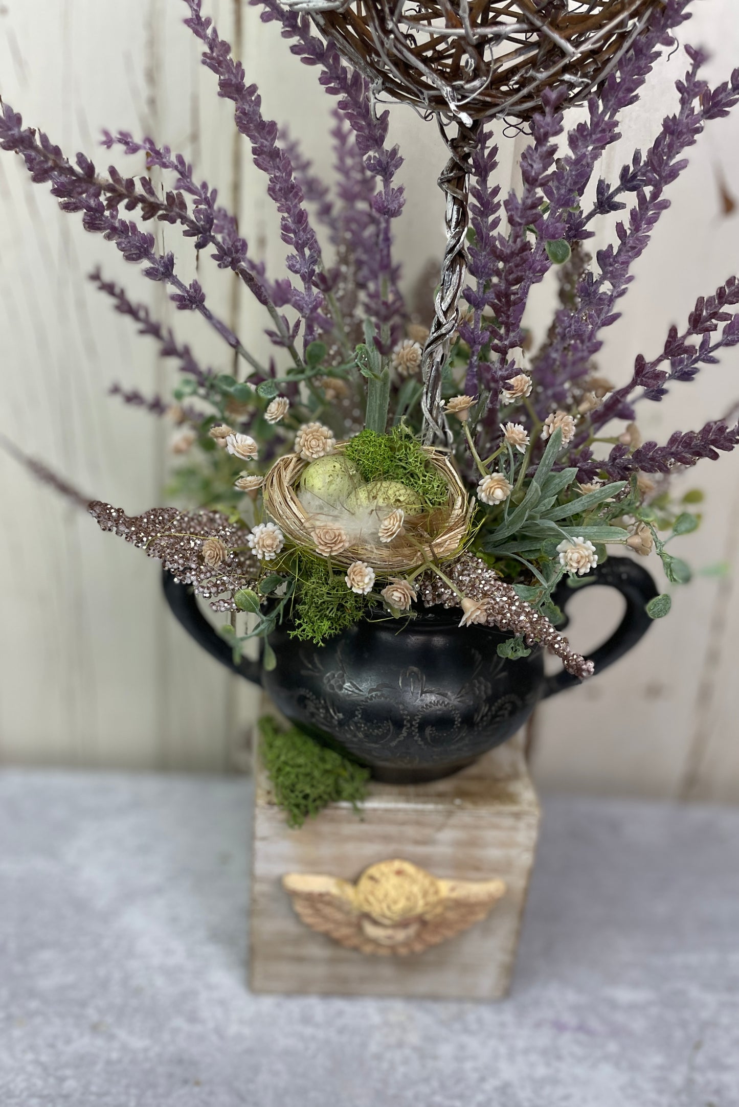 French Cottage Lavender Topiary with Angel Container and Vintage Silver Sugar Holder
