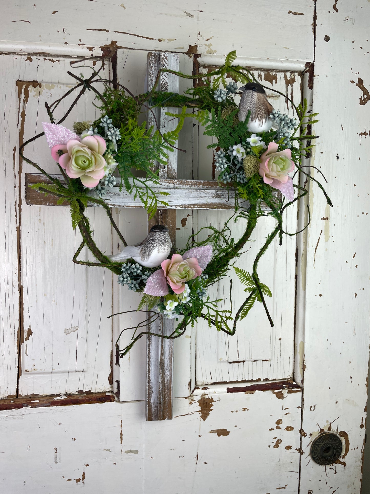 Rustic Wooden Cross Wall Hanging with Faux Succulents and Vines – Cottage Style Sympathy or Home Décor