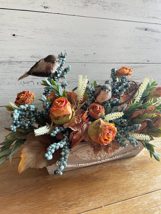 Rustic Blue Berry & Orange Rose Centerpiece with Decorative Birds – Faux Floral Table Arrangement