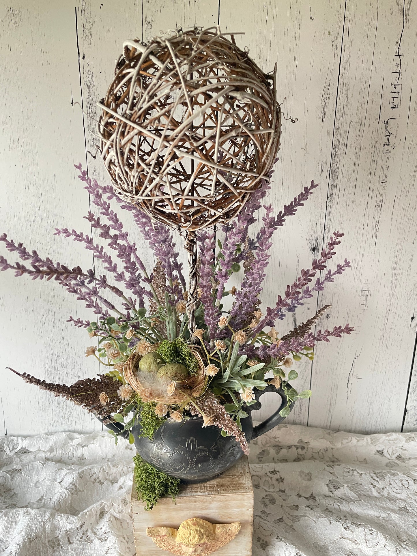 French Cottage Lavender Topiary with Angel Container and Vintage Silver Sugar Holder