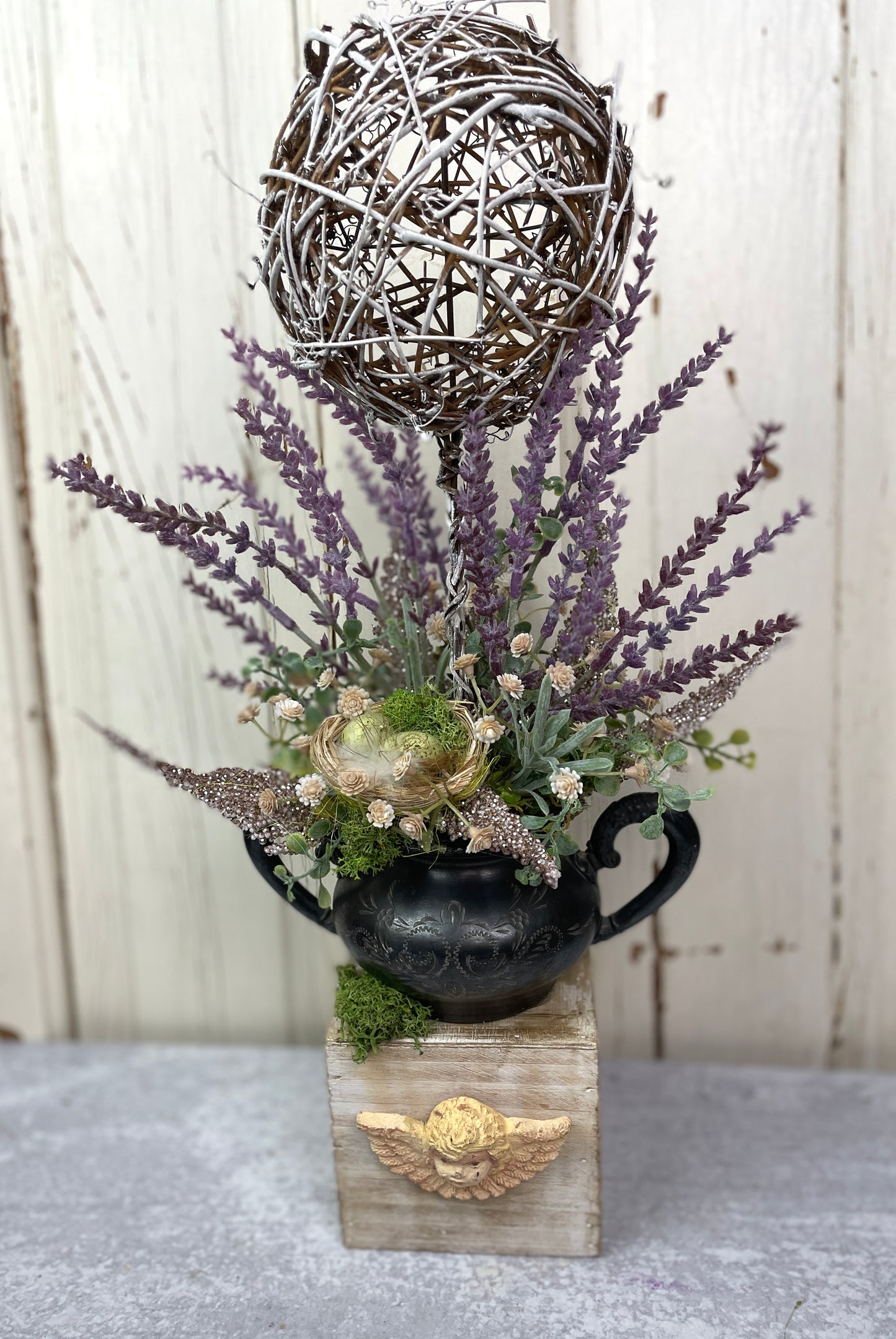 French Cottage Lavender Topiary with Angel Container and Vintage Silver Sugar Holder