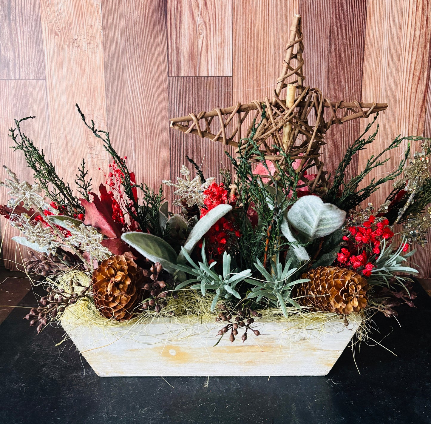 Preserved Woodland Star Holiday Arrangement – Rustic Botanical Christmas Centerpiece with Wood Star
