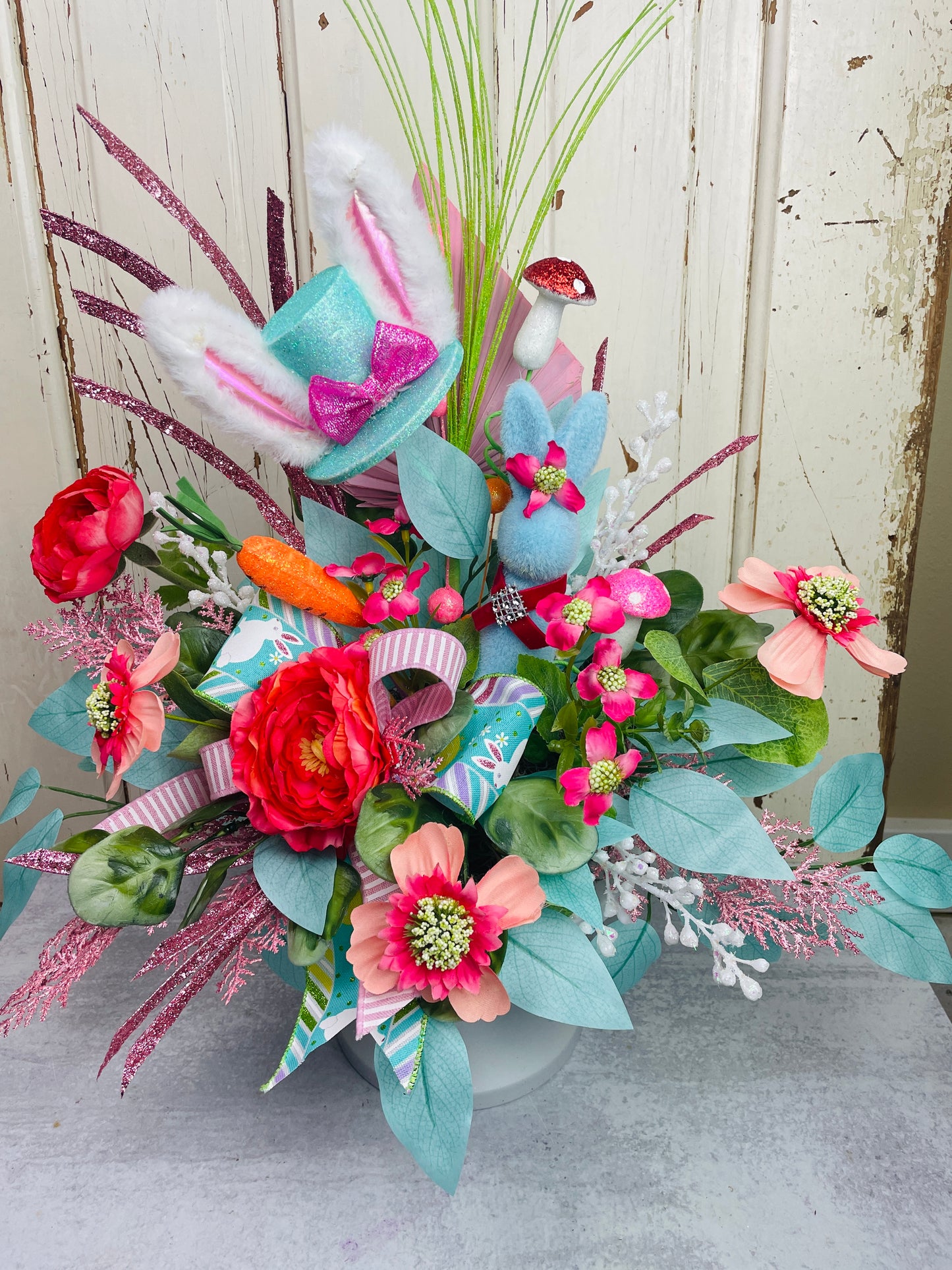 Whimsical Bunny Hat Easter Centerpiece – Bright, Fun Floral Arrangement for Spring Decor