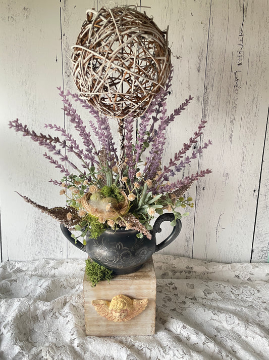 French Cottage Lavender Topiary with Angel Container  and Vintage Silver Sugar Holder