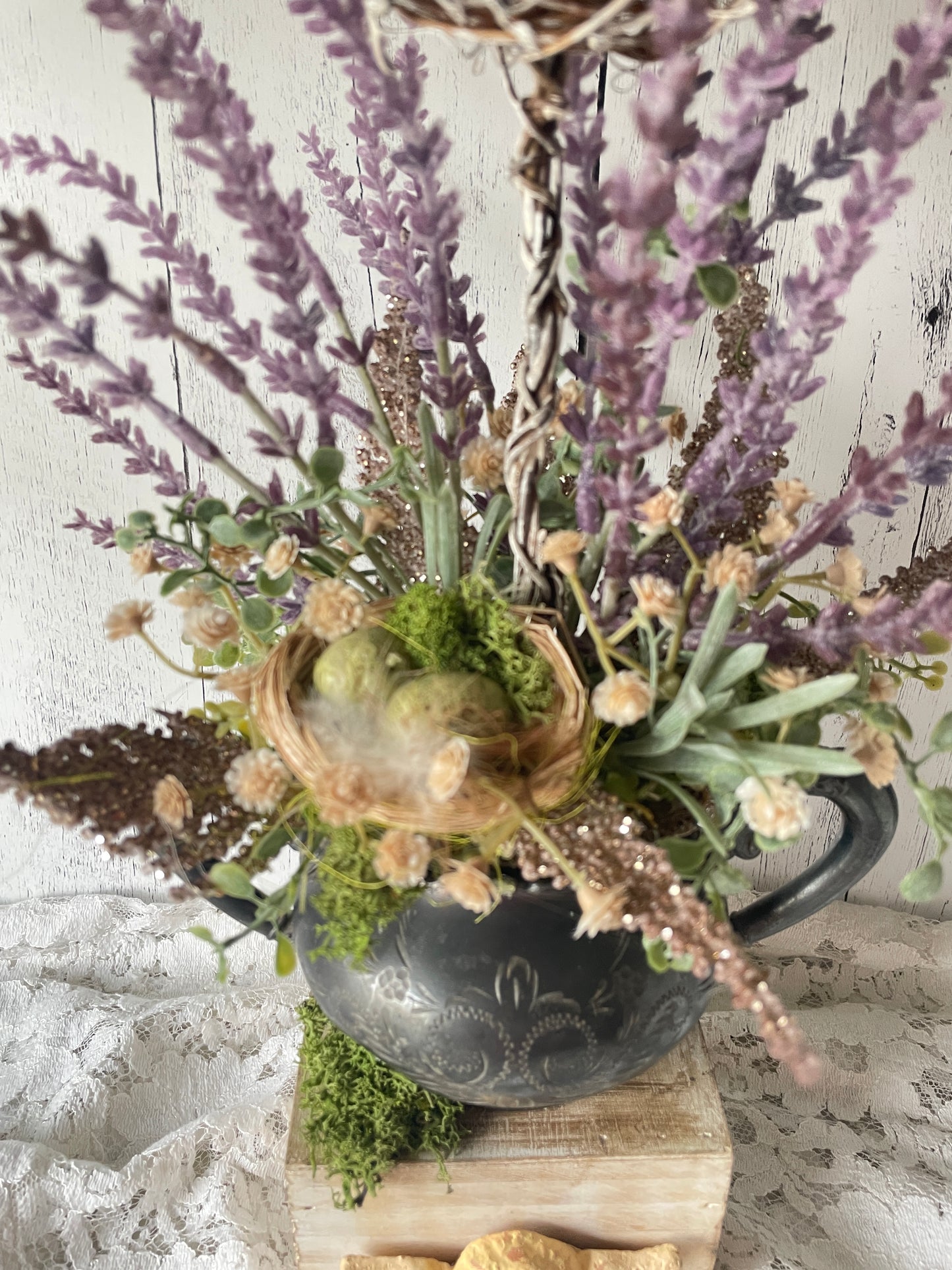 French Cottage Lavender Topiary with Angel Container and Vintage Silver Sugar Holder
