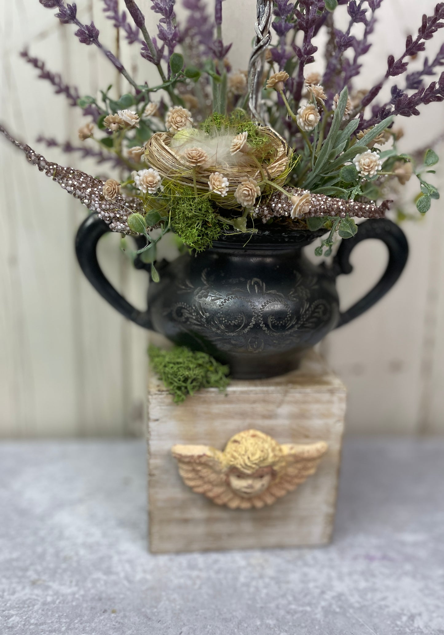 French Cottage Lavender Topiary with Angel Container and Vintage Silver Sugar Holder