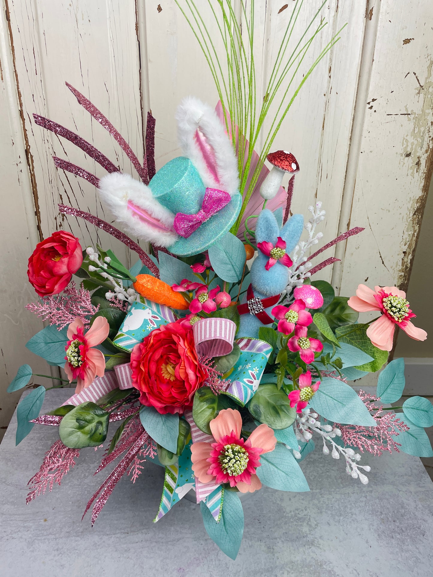 Whimsical Bunny Hat Easter Centerpiece – Bright, Fun Floral Arrangement for Spring Decor