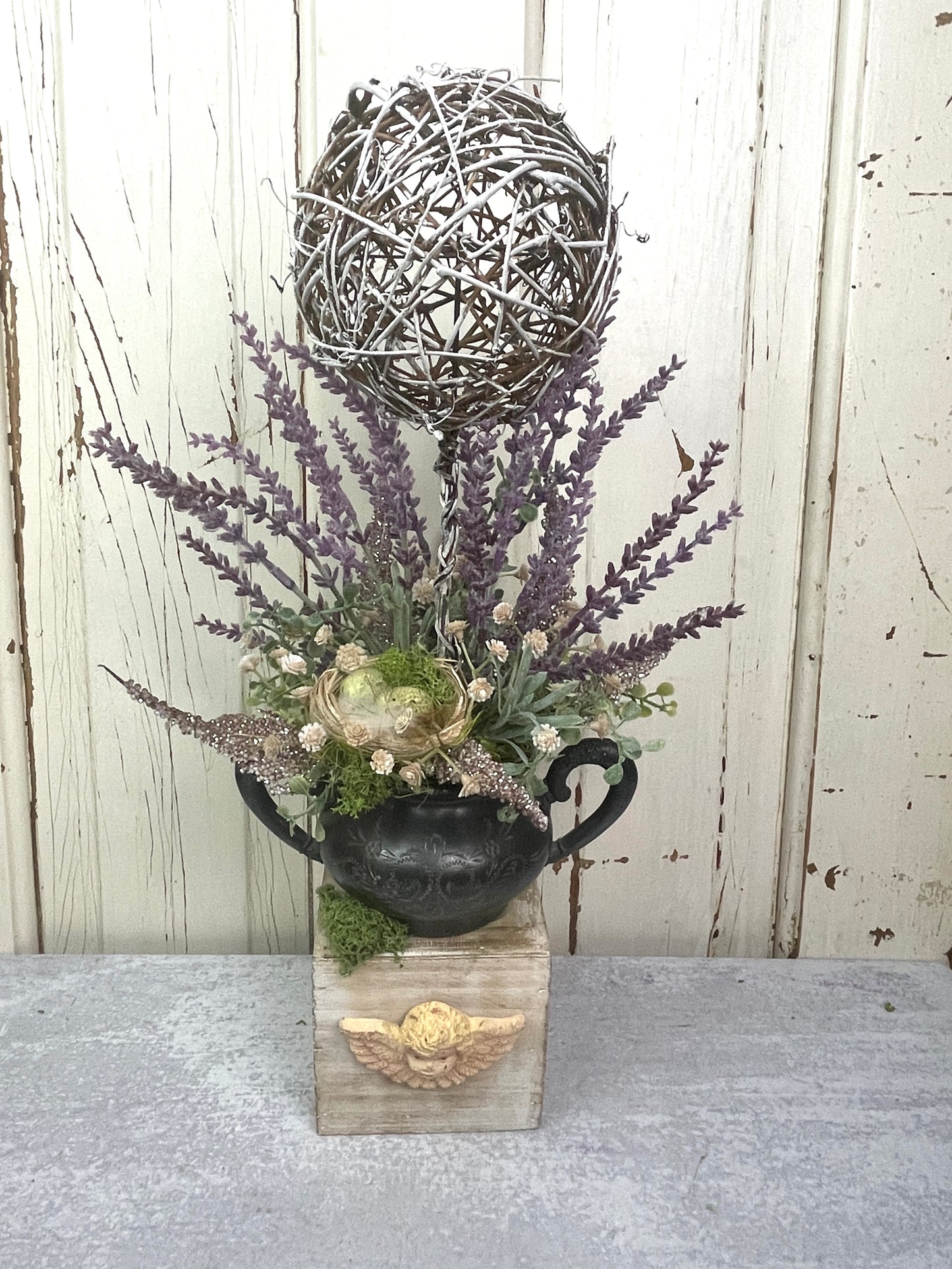 French Cottage Lavender Topiary with Angel Container and Vintage Silver Sugar Holder