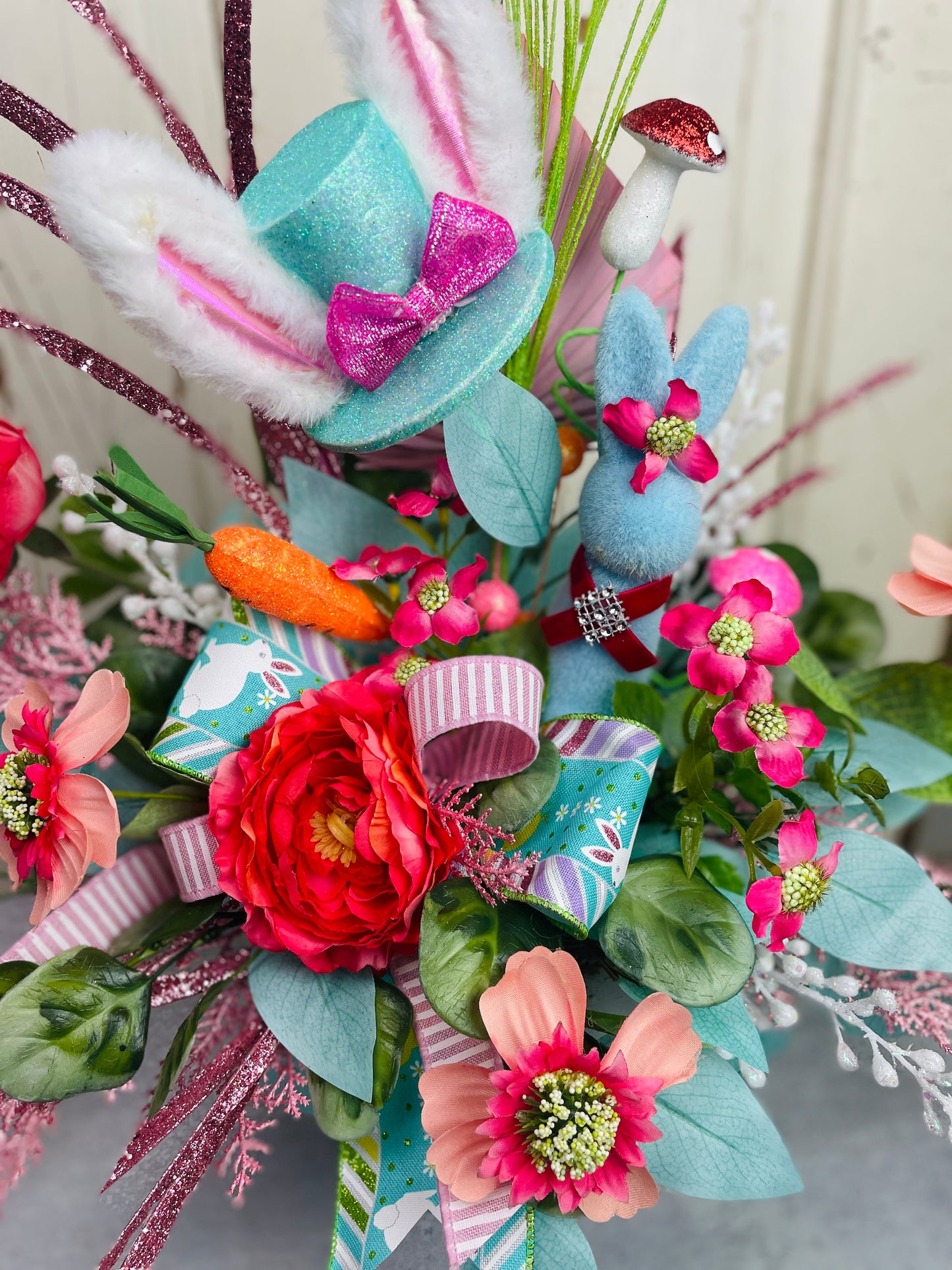 Whimsical Bunny Hat Easter Centerpiece – Bright, Fun Floral Arrangement for Spring Decor