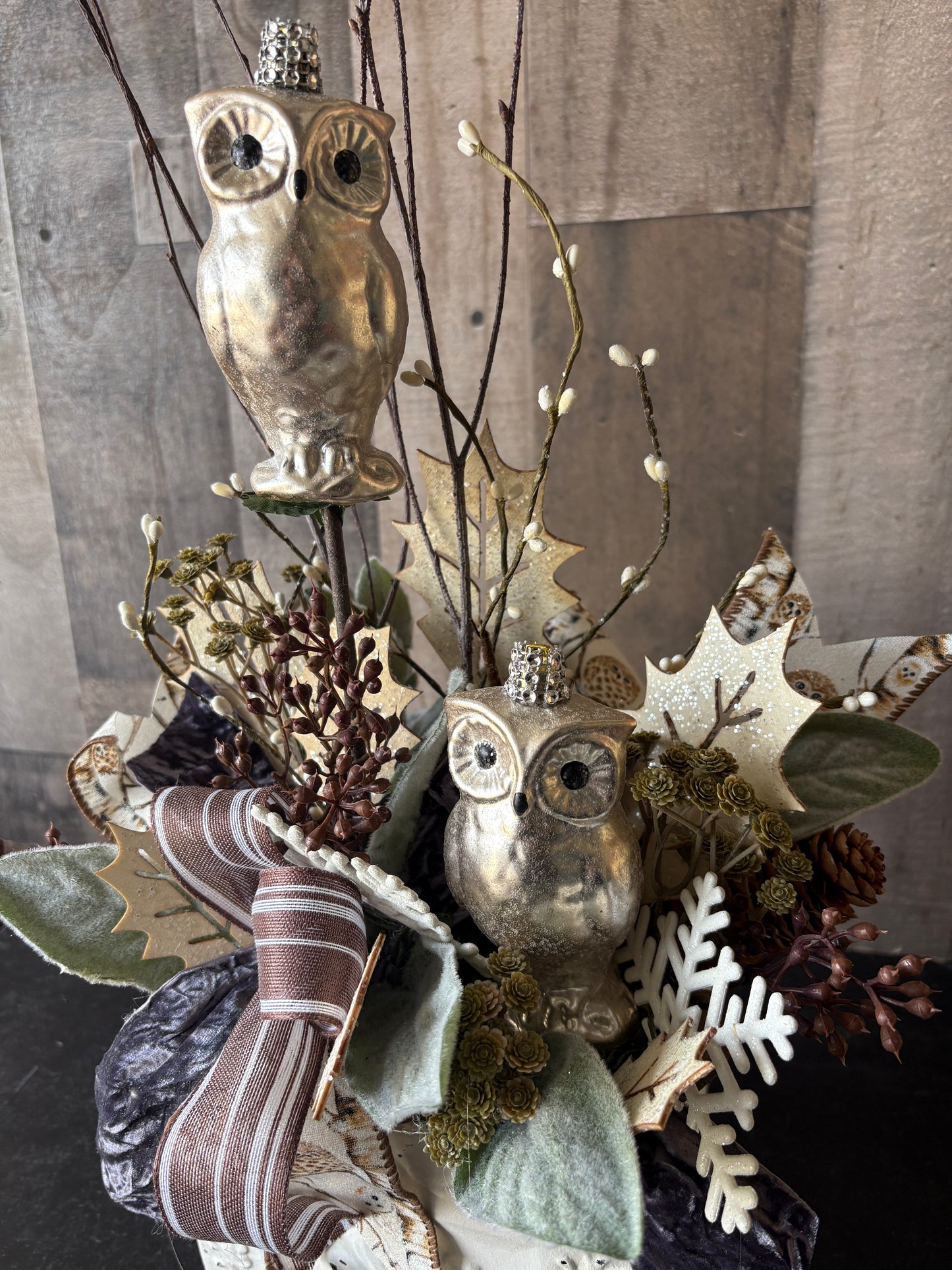 Winter Woodland Owl Arrangement – Metallic Owls, Velvet Ribbon & Holiday Greens