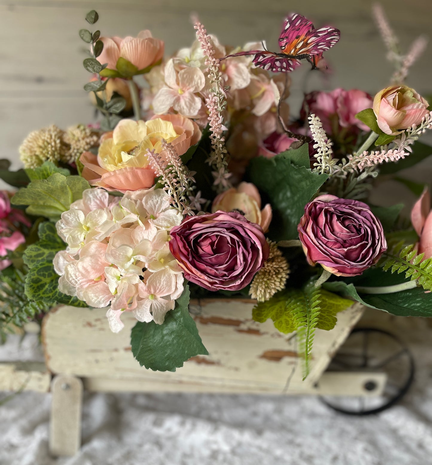 Roses Silk Floral Centerpiece with Butterfly – Faux Hydrangea, Ranunculus & Garden Rose