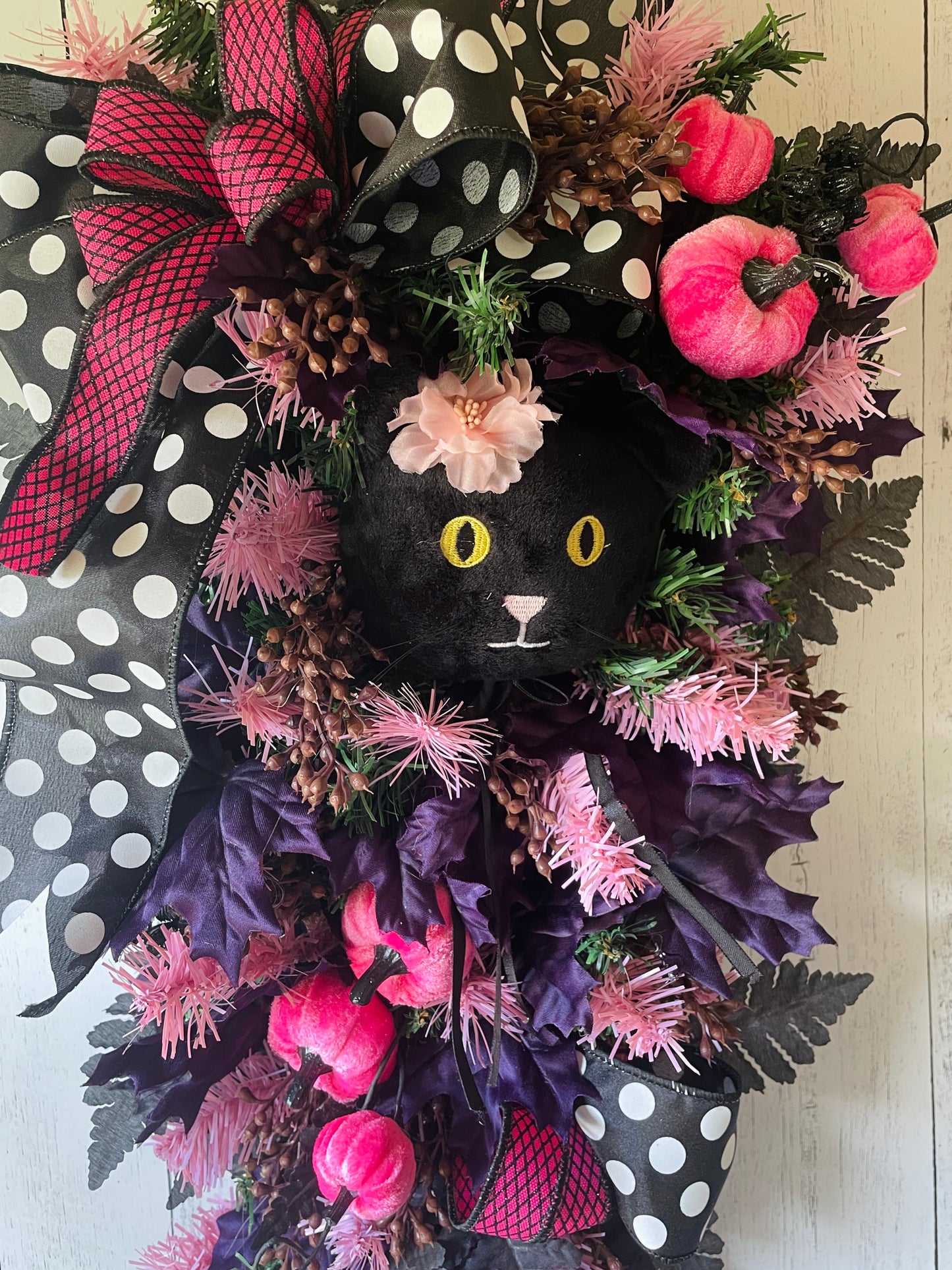Black Cat Whimsical Pink & Black Halloween Floral Swag