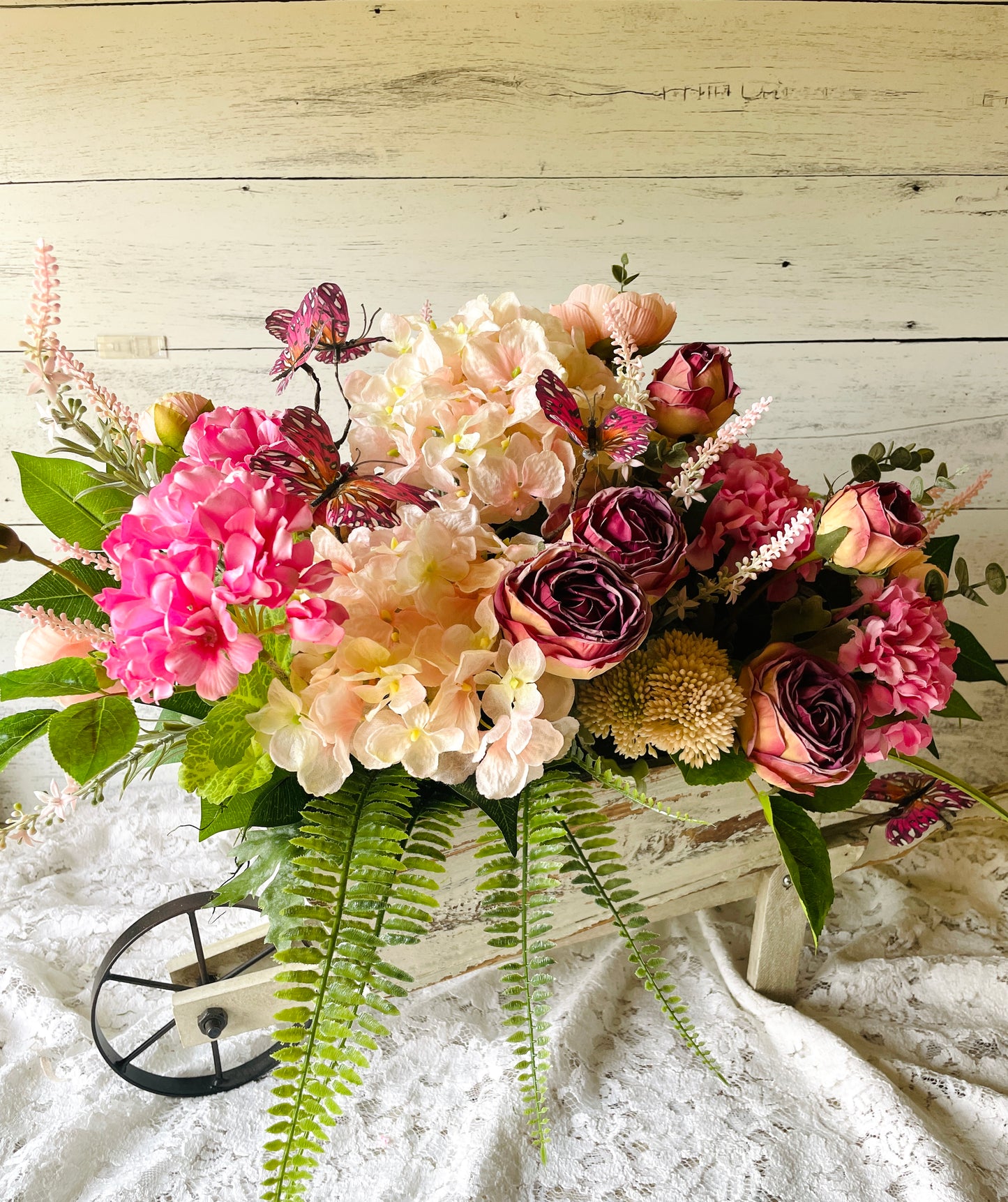 Roses Silk Floral Centerpiece with Butterfly – Faux Hydrangea, Ranunculus & Garden Rose